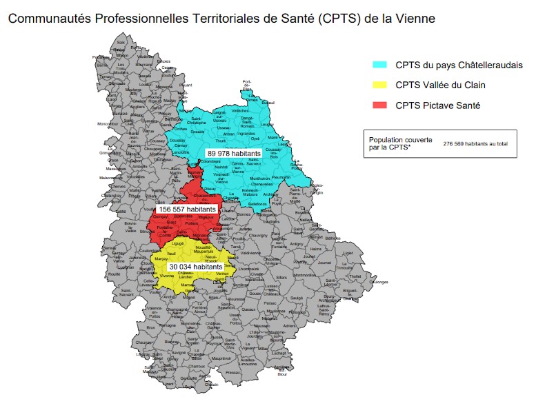 Carte du département de la Vienne détaillant les Communautés Professionnelles Territoriales de Santé (CPTS) du pays Châtelleraudais, qui couvre 89 978 habitants, la CPTS de la Vallée du Clain, qui couvre 30 034 habitants et la CPTS Pictave Santé qui couvre 156 557 habitants. Au total 276 569 habitants.