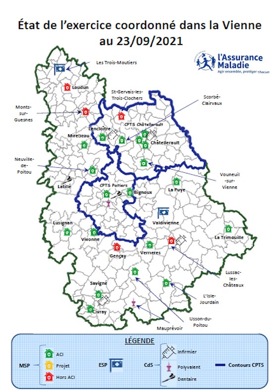 Carte de la Vienne faisant état du développement de l’exercice coordonné : en 2021, le département de la Vienne compte 24 Maisons de santé pluri-professionnelles labellisées par l’ARS. 19 MSP avaient signé un accord conventionnel interprofessionnel (ACI) avec la CPAM.