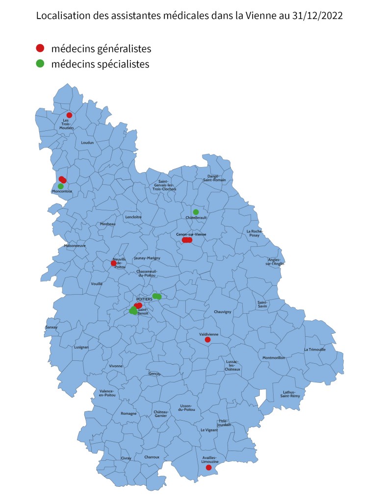 Carte de la localisation des assistantes médicales dans la Vienne au 31/12/2022