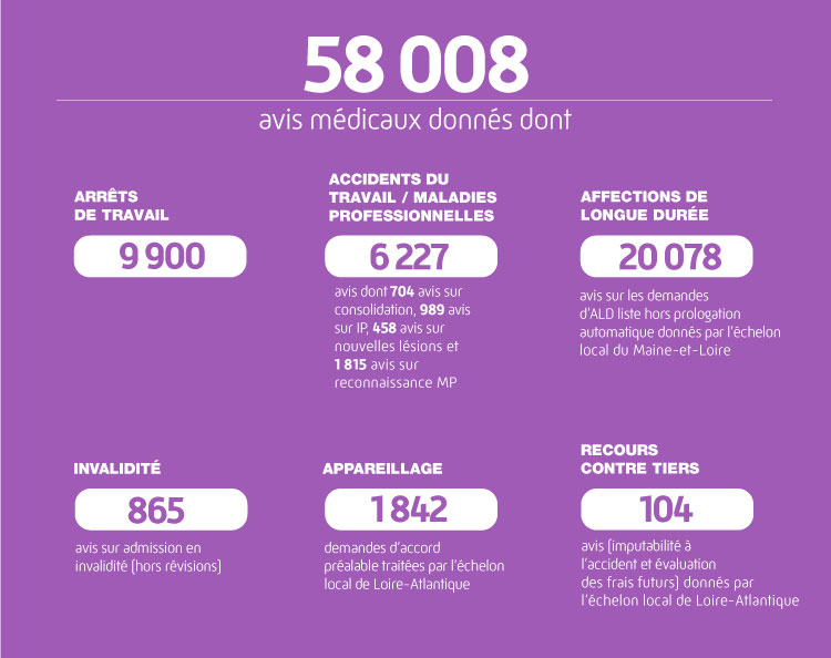 58008 avis médicaux donnés dont


9900 avis ARRÊTS DE TRAVAIL
6227 avis ACCIDENTS DU TRAVAIL / MALADIES PROFESSIONNELLES dont 704 avis sur consolidation, 980 avis 
sur IP, 458 avis sur nouvelles lésions et 1815 avis sur reconnaissance MP


20078 AFFECTIONS LONGUES DURÉE (avis sur les demandes d'ALD liste hors prolongation automatique) donnés par l'échelon local du Maine-et-Loire
865 avis sur admission en INVALIDITÉ (hors révisions)
1842 demande d'accord préalable APPAREILLAGE traités par l'échelon local de Loire-Atlantique
104 avis de RECOURS CONTRE TIERS donnés par l'échelon local de Loire-Atlantique