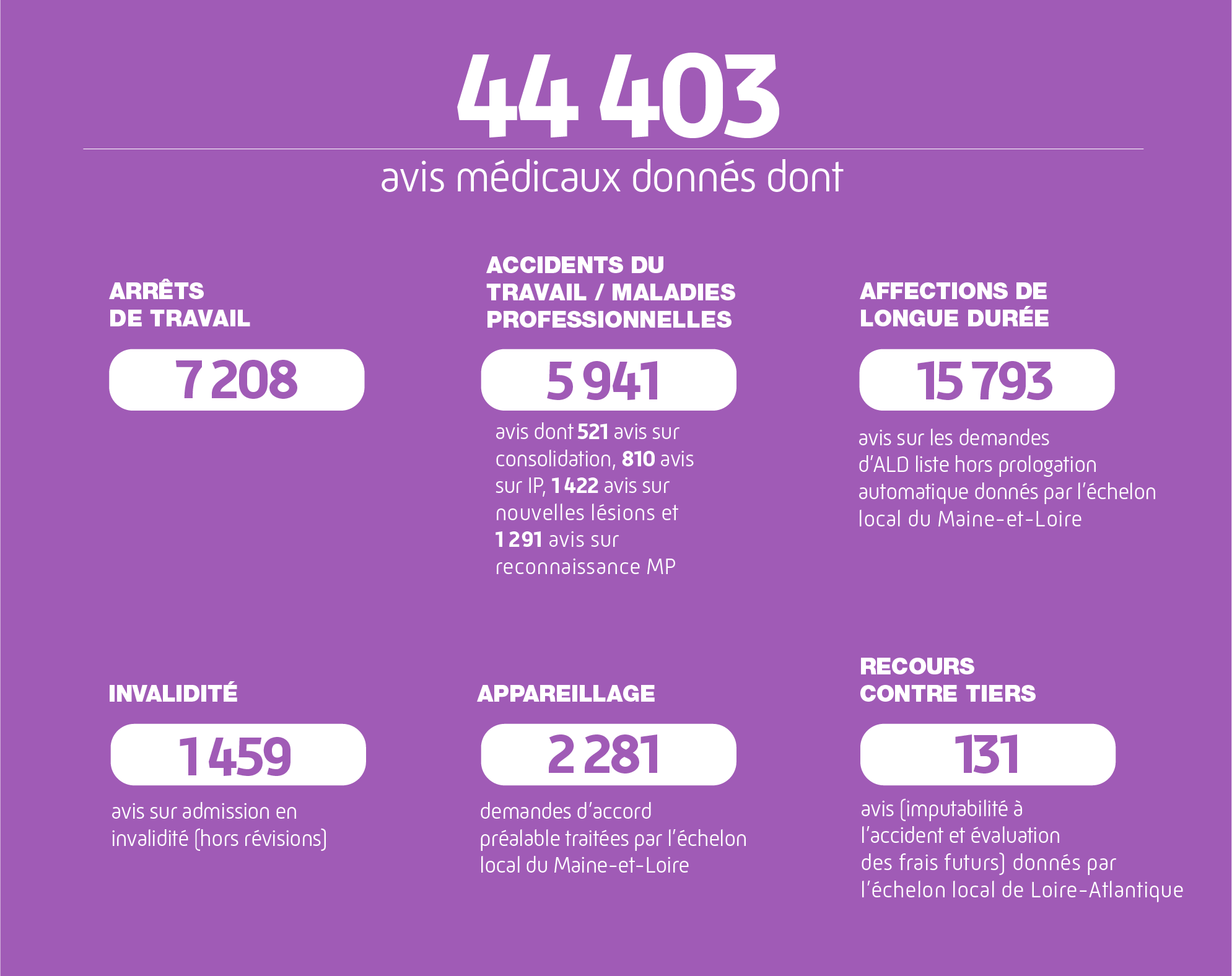 44403 avis médicaux donnés dont
7208 avis ARRÊTS DE TRAVAIL
5941 avis ACCIDENTS DU TRAVAIL / MALADIES PROFESSIONNELLES dont 521 avis sur consolidation, 810 avis sur IP, 1422 avis sur nouvelles lésions et 1291 avis sur reconnaissance MP
15793 AFFECTIONS LONGUES DURÉE (avis sur les demandes d'ALD liste hors prolongation automatique) donnés par l'échelon local du Maine-et-Loire
1459 avis sur admission en INVALIDITÉ (hors révisions)
2281 demande d'accord préalable APPAREILLAGE traités par l'échelon du Maine-et-Loire
131 avis de RECOURS CONTRE TIERS donnés par l'échelon local de Loire-Atlantique
