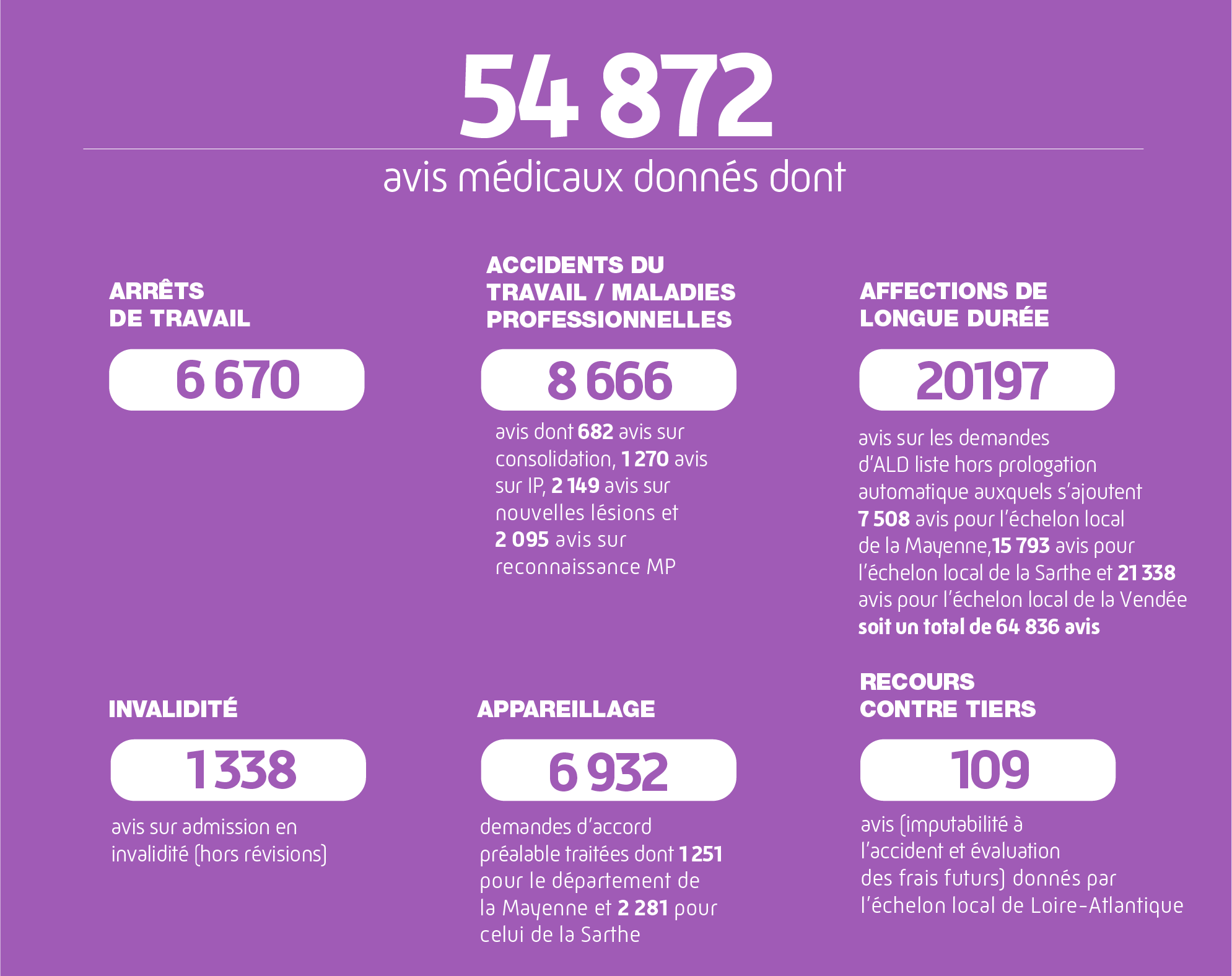 54872 avis médicaux donnés dont
6670 avis ARRÊTS DE TRAVAIL
8666 avis ACCIDENTS DU TRAVAIL / MALADIES PROFESSIONNELLES dont 682 avis sur consolidation, 1270 avis sur IP, 2149 avis sur nouvelles lésions et 2095 avis sur reconnaissance MP
20197 AFFECTIONS LONGUES DURÉE (avis sur les demandes d'ALD liste hors prolongation automatique) auxquels s'ajoutent 7508 avis pour l''échelon local de la Mayenne, 15793 avis pour l'échelon local de la Sarthe et 21338 pour l'échelon local de la Vendée soit un total de 64 836 avis
1338 avis sur admission en INVALIDITÉ (hors révisions)
6932 demande d'accord préalable APPAREILLAGE dont 1251 traitées pour le département de la  Mayenne et 2281 pour celui de la Sarthe
109 avis de RECOURS CONTRE TIERS donnés par l'échelon local de Loire-Atlantique
