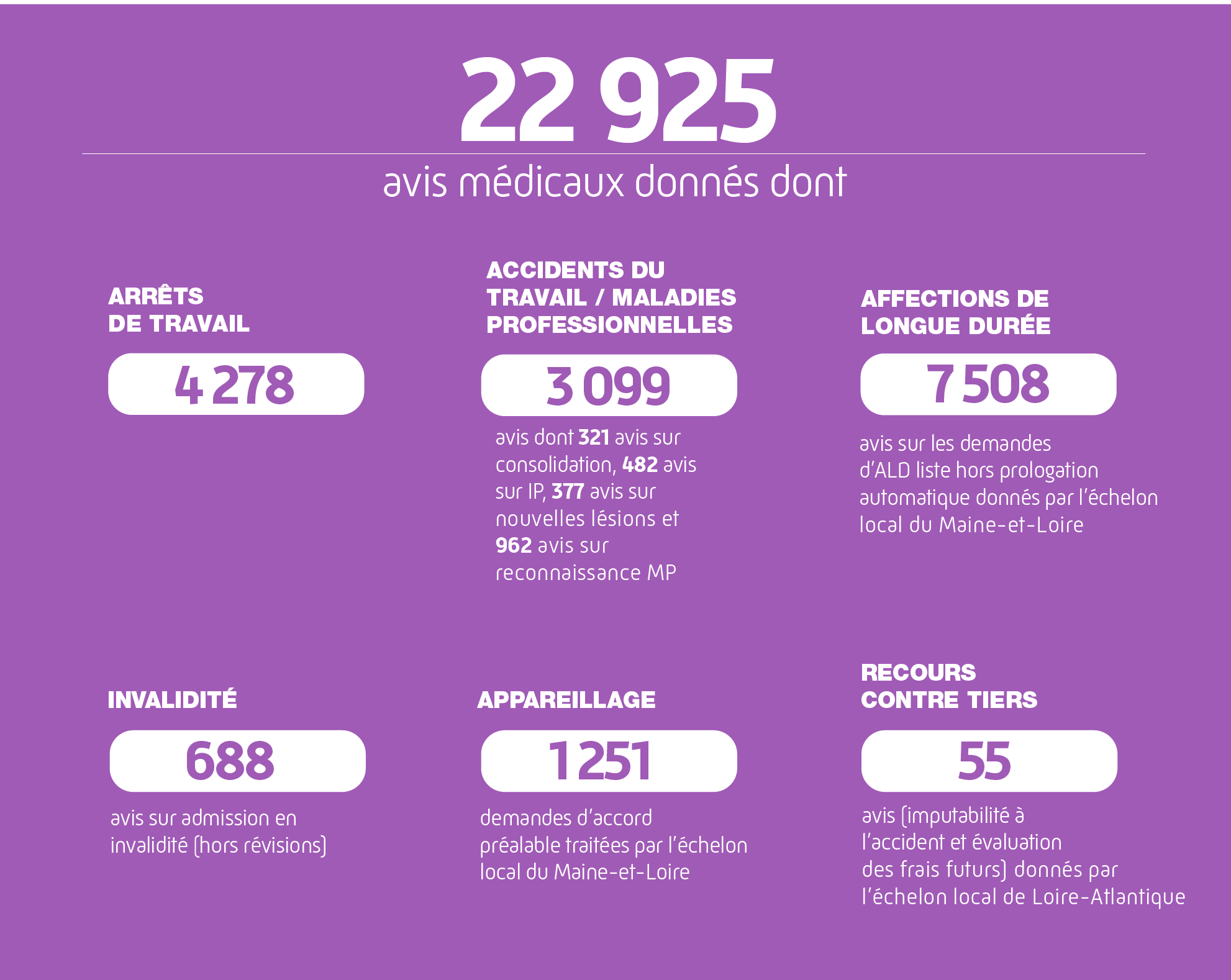 22925 avis médicaux donnés dont
4278 avis ARRÊTS DE TRAVAIL
3099 avis ACCIDENTS DU TRAVAIL / MALADIES PROFESSIONNELLES dont 321 avis sur consolidation, 482 avis sur IP, 377 avis sur nouvelles lésions et 962 avis sur reconnaissance MP
7508 AFFECTIONS LONGUES DURÉE (avis sur les demandes d'ALD liste hors prolongation automatique) donnés par l'échelon local du Maine-et-Loire
688 avis sur admission en INVALIDITÉ (hors révisions)
1251 demande d'accord préalable APPAREILLAGE traités par l'échelon du Maine-et-Loire
55 avis de RECOURS CONTRE TIERS donnés par l'échelon local de Loire-Atlantique
